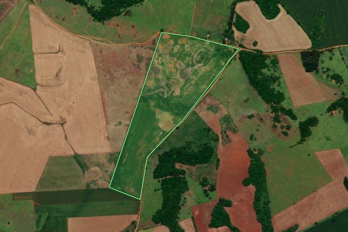 Imagem de satélite do imóvel rural em São Nicolau (RS), com o contorno declarado no CAR desenhado por cima.