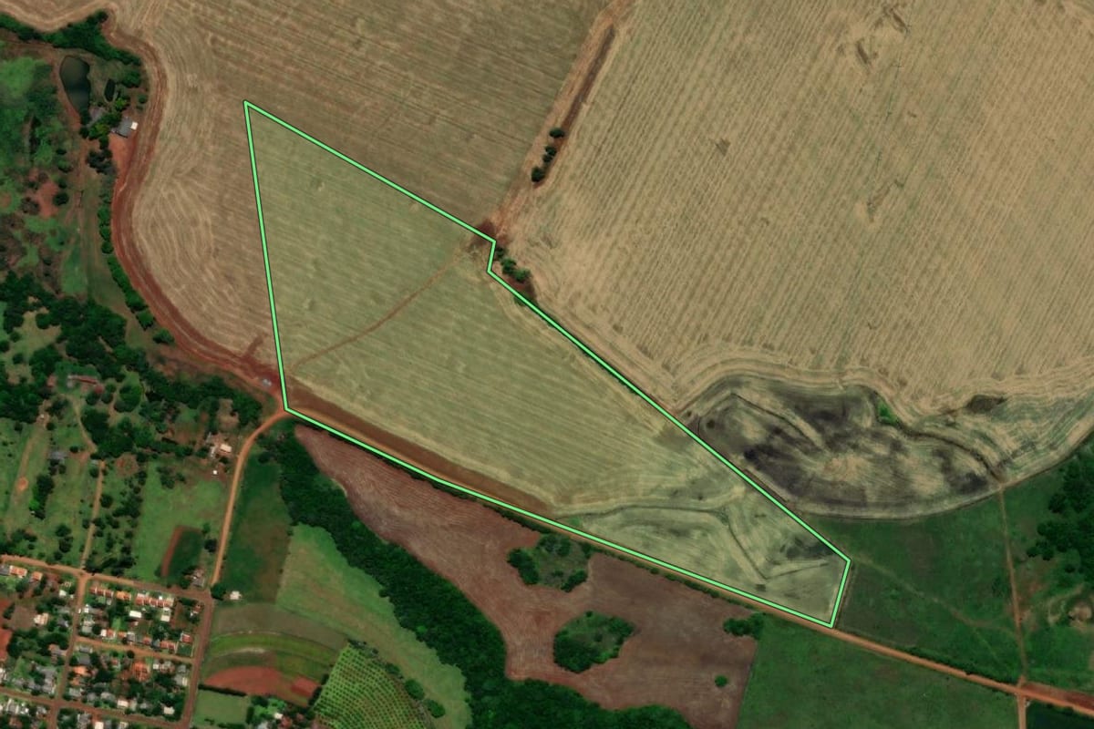 Imagem de satélite do imóvel rural em São Nicolau (RS), com o contorno declarado no CAR desenhado por cima.