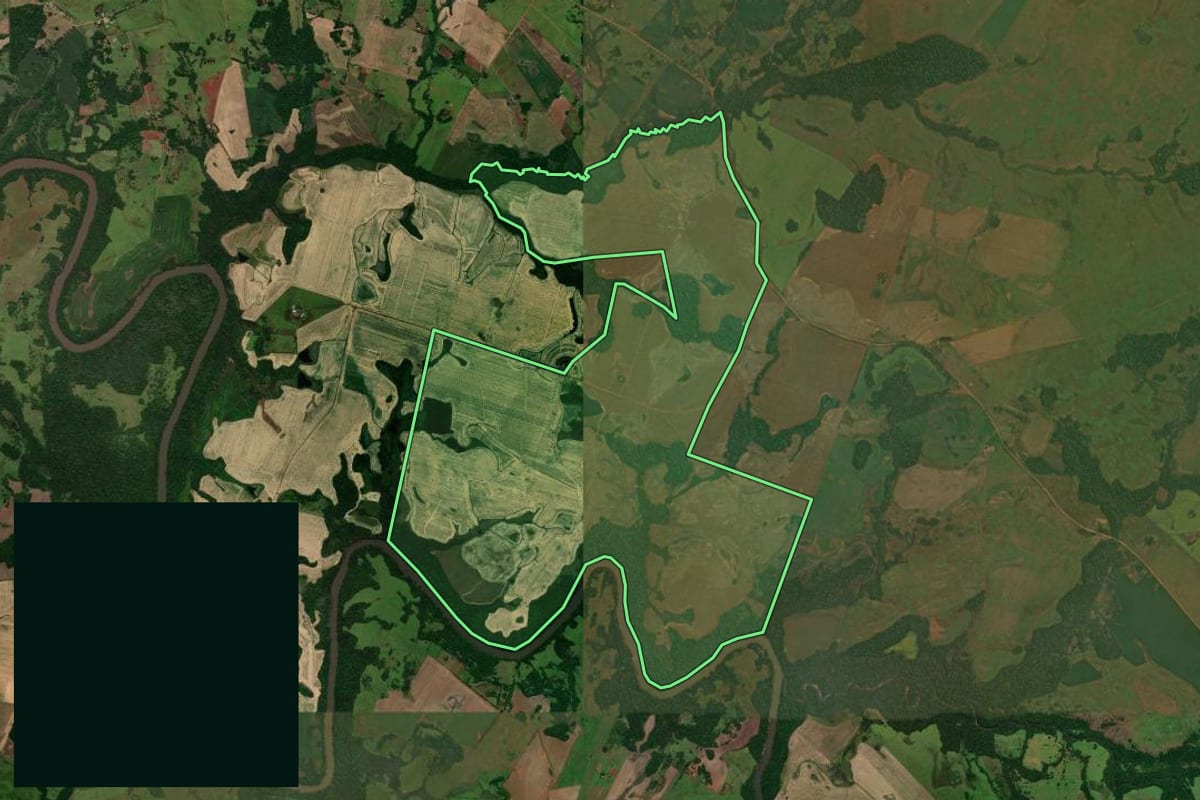 Imagem de satélite do imóvel rural em São Nicolau (RS), com o contorno declarado no CAR desenhado por cima.