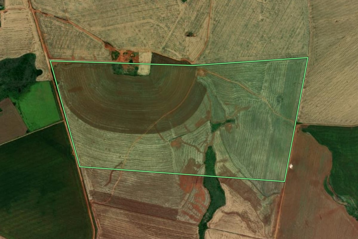 Imagem de satélite do imóvel rural em São Nicolau (RS), com o contorno declarado no CAR desenhado por cima.