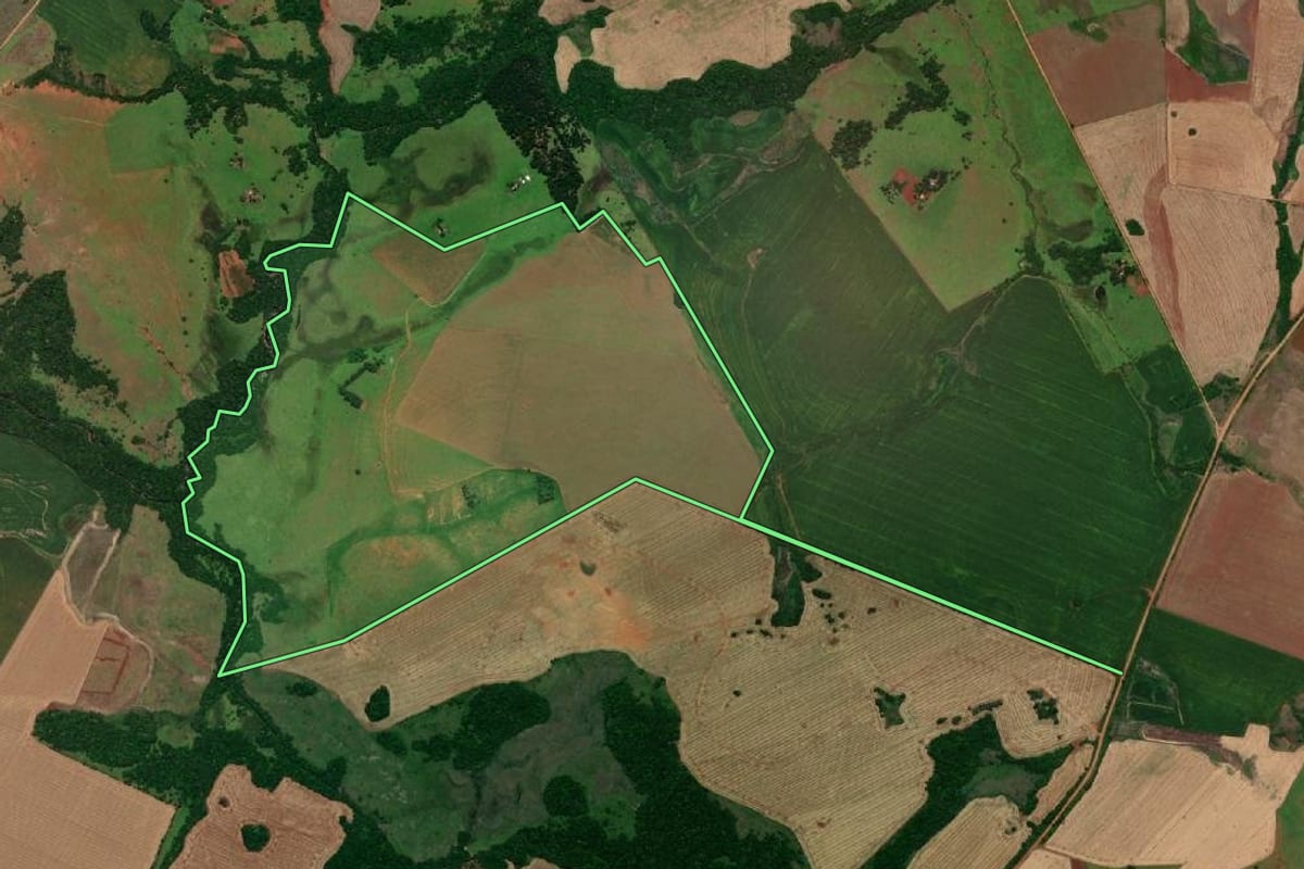 Imagem de satélite do imóvel rural em São Nicolau (RS), com o contorno declarado no CAR desenhado por cima.