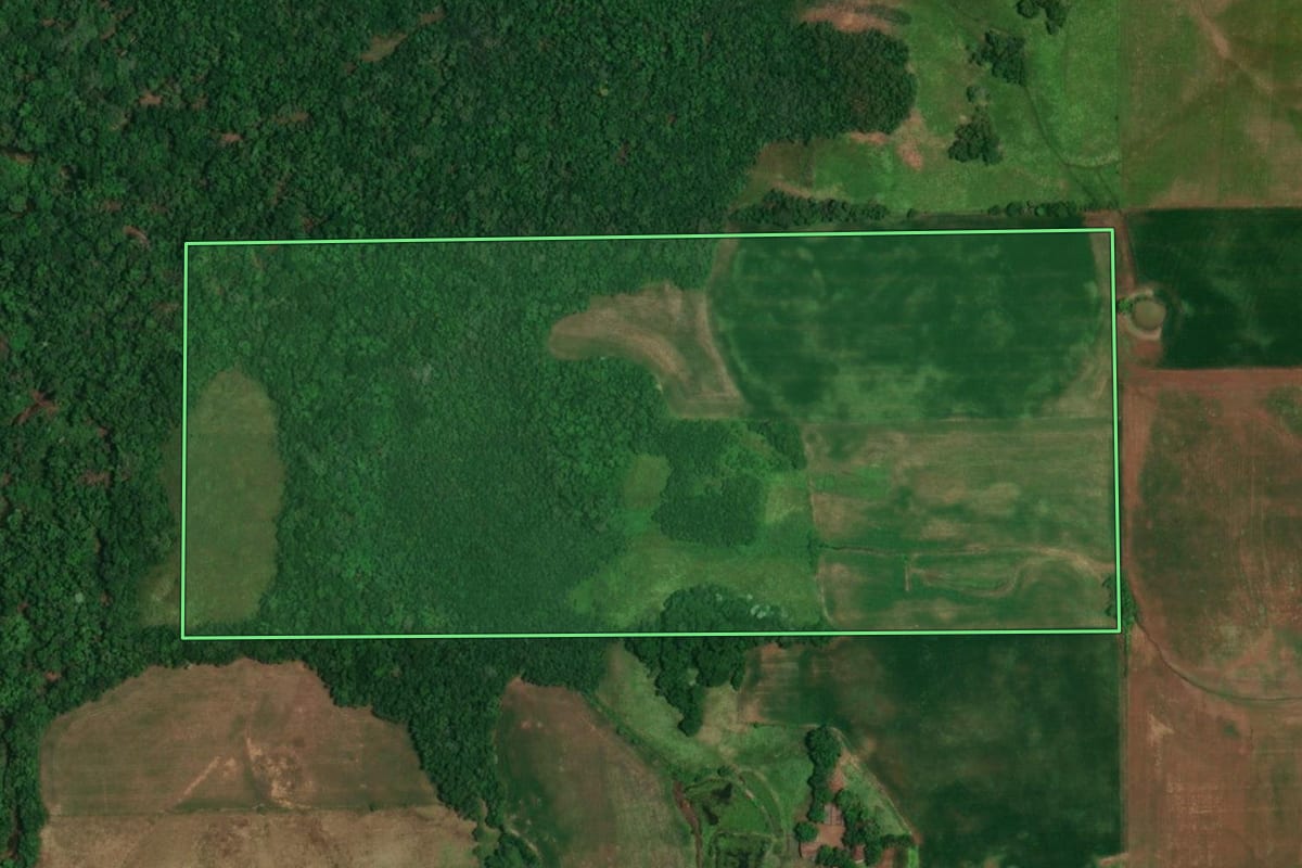 Imagem de satélite do imóvel rural em São Paulo das Missões (RS), com o contorno declarado no CAR desenhado por cima.