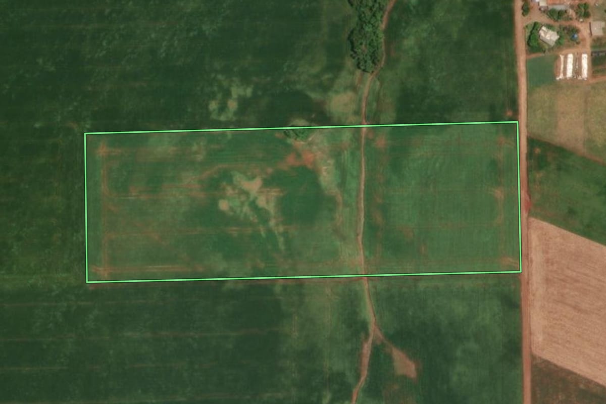 Imagem de satélite do imóvel rural em São Paulo das Missões (RS), com o contorno declarado no CAR desenhado por cima.