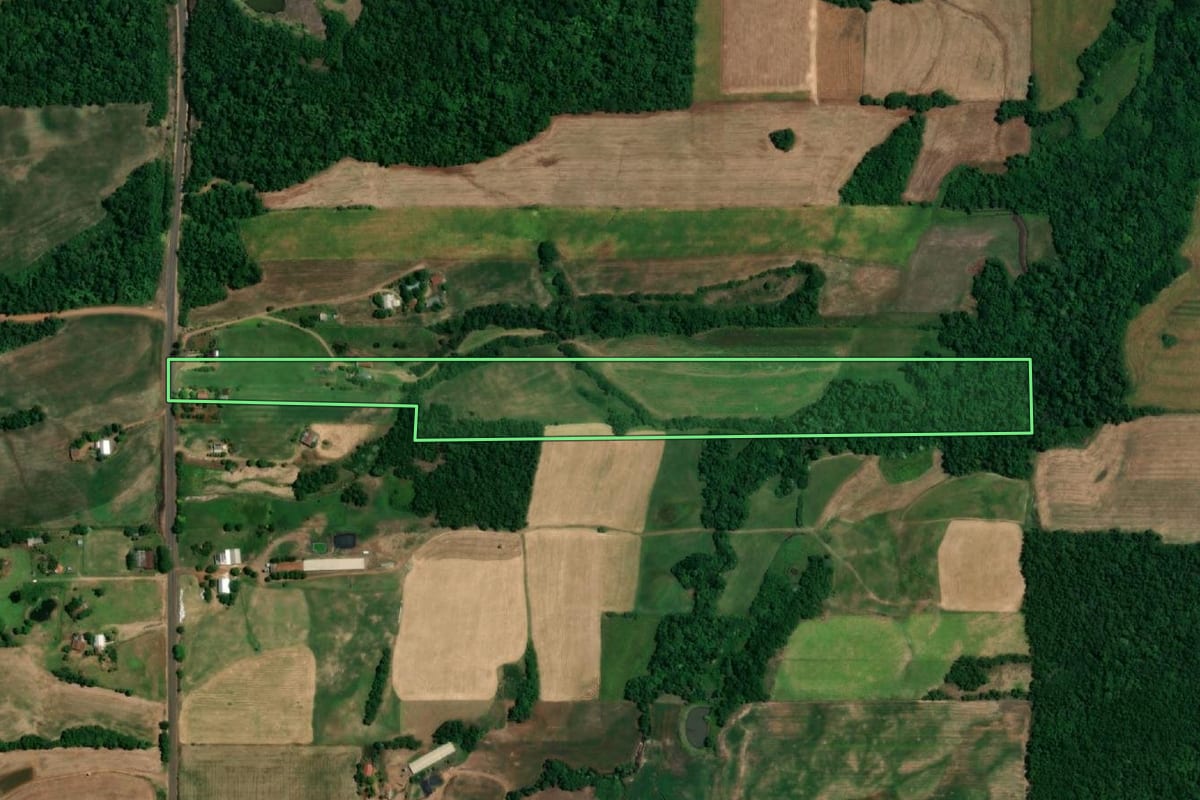 Imagem de satélite do imóvel rural em São Paulo das Missões (RS), com o contorno declarado no CAR desenhado por cima.