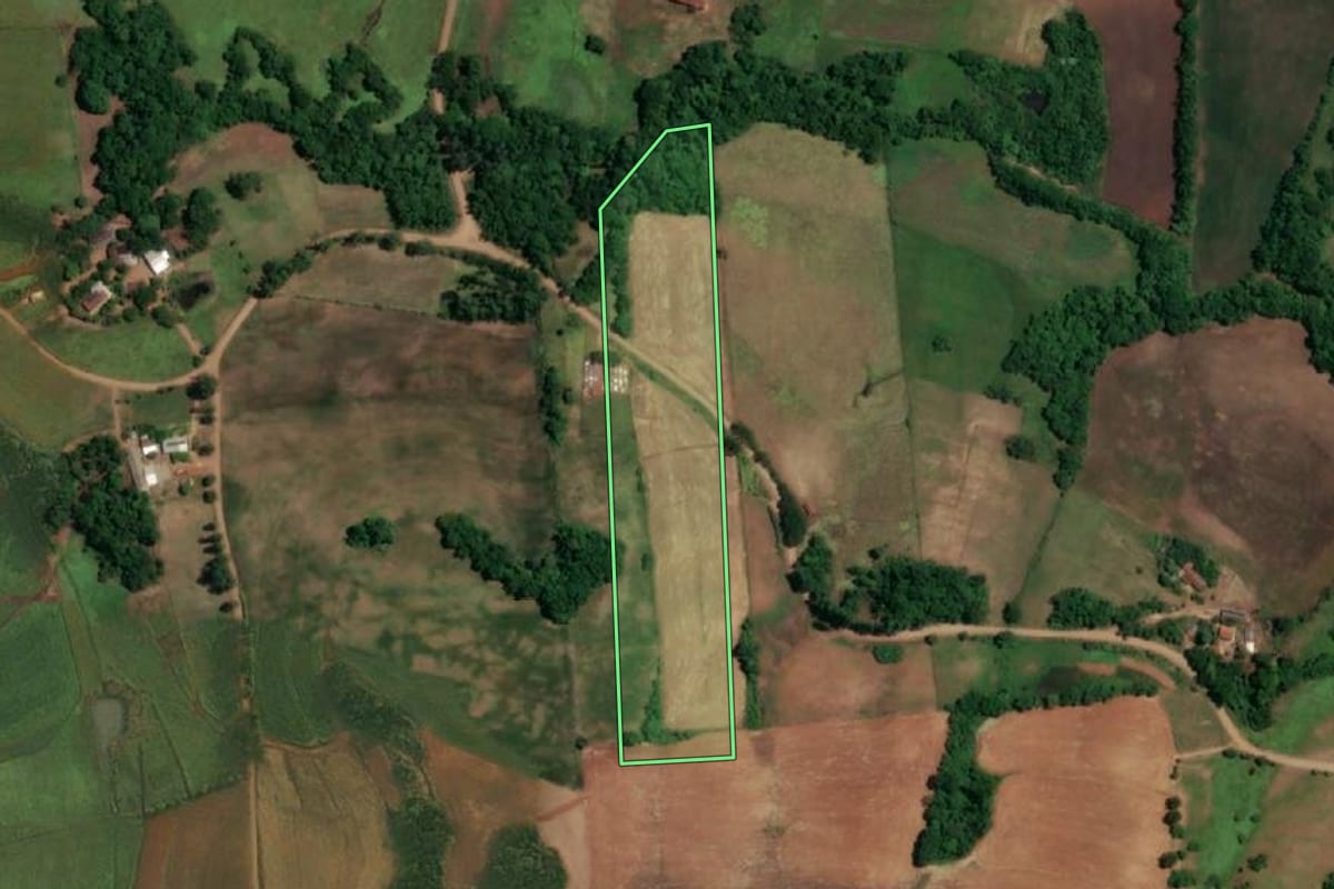 Imagem de satélite do imóvel rural em São Paulo das Missões (RS), com o contorno declarado no CAR desenhado por cima.