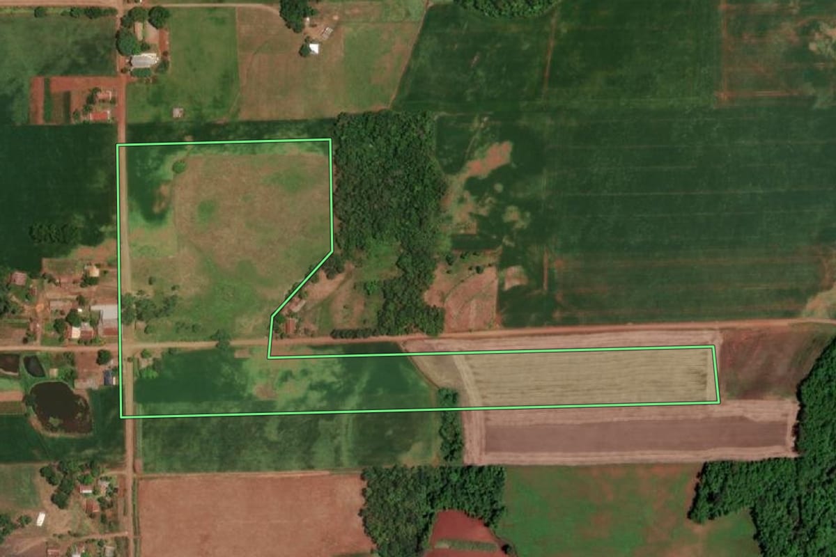 Imagem de satélite do imóvel rural em São Paulo das Missões (RS), com o contorno declarado no CAR desenhado por cima.
