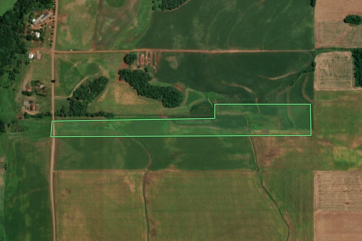 Imagem de satélite do imóvel rural em São Paulo das Missões (RS), com o contorno declarado no CAR desenhado por cima.