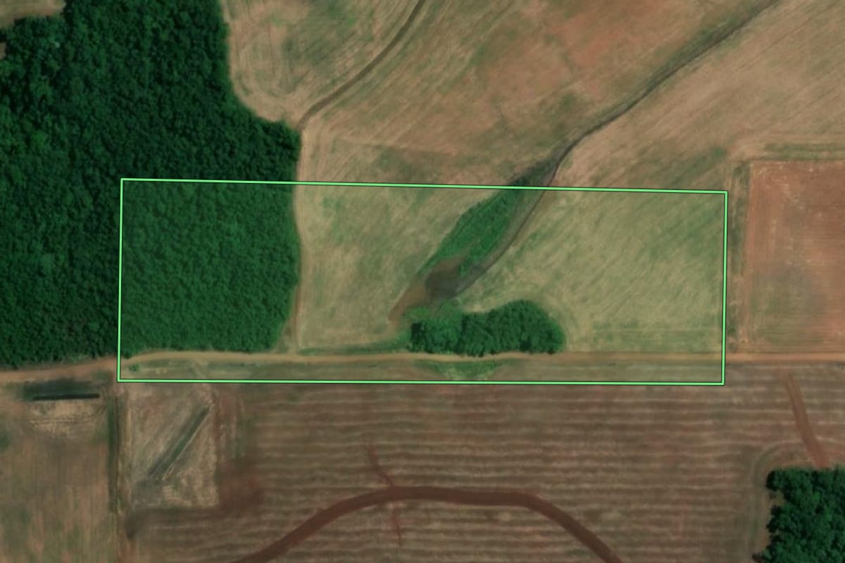 Imagem de satélite do imóvel rural em São Paulo das Missões (RS), com o contorno declarado no CAR desenhado por cima.