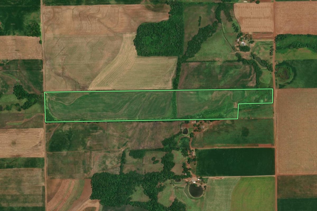 Imagem de satélite do imóvel rural em São Paulo das Missões (RS), com o contorno declarado no CAR desenhado por cima.