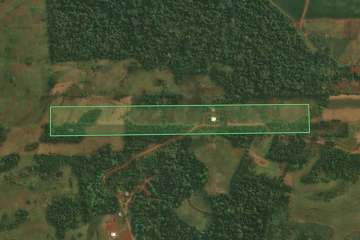 Imagem de satélite do imóvel rural em São Paulo das Missões (RS), com o contorno declarado no CAR desenhado por cima.