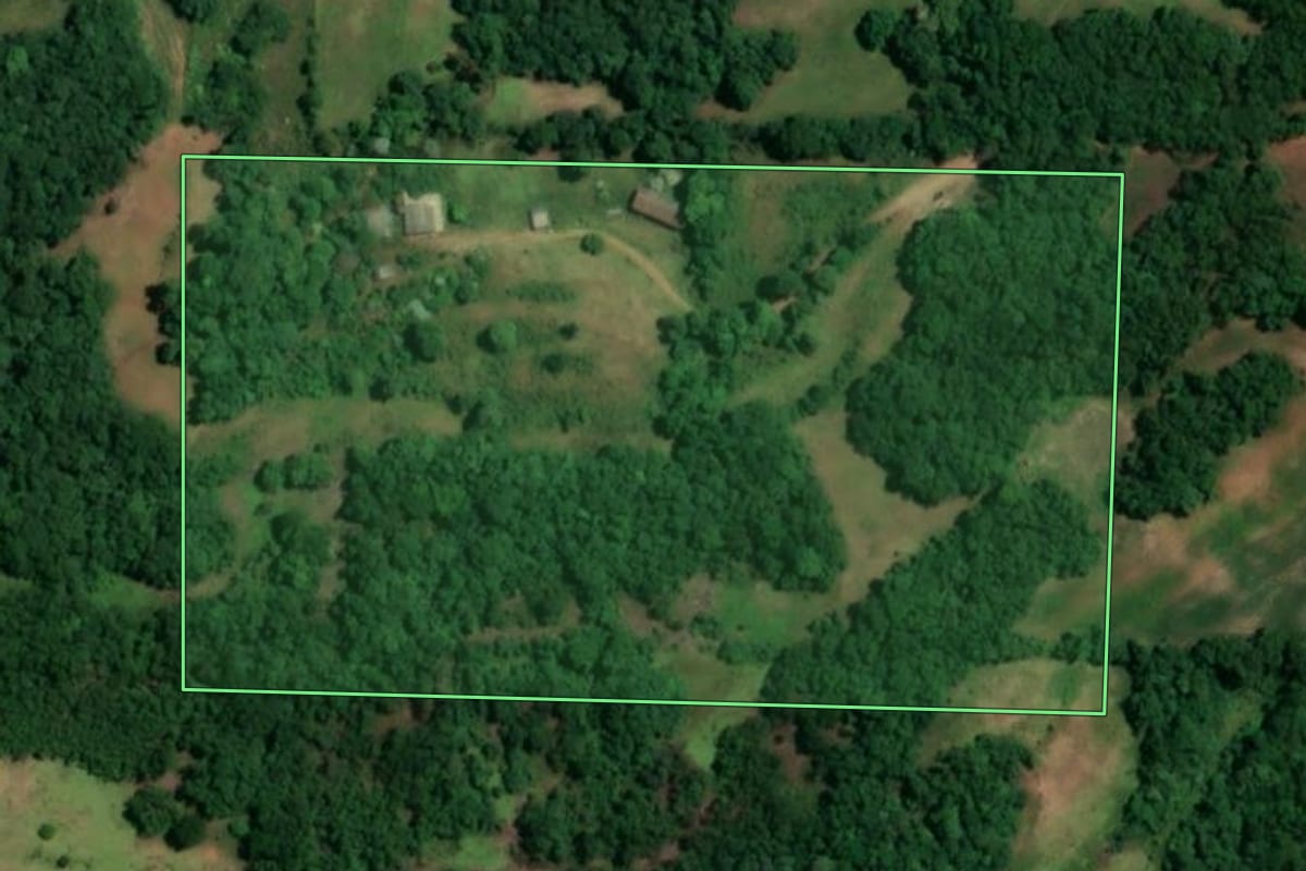 Imagem de satélite do imóvel rural em São Paulo das Missões (RS), com o contorno declarado no CAR desenhado por cima.