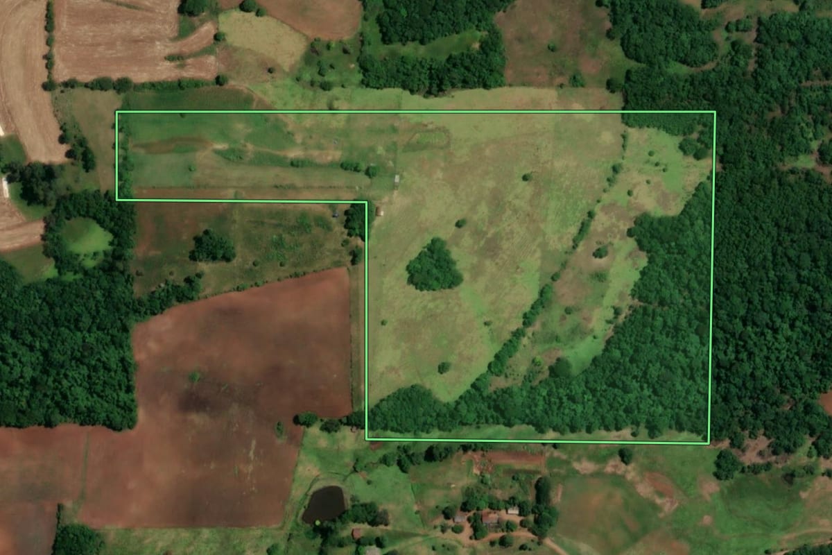 Imagem de satélite do imóvel rural em São Paulo das Missões (RS), com o contorno declarado no CAR desenhado por cima.