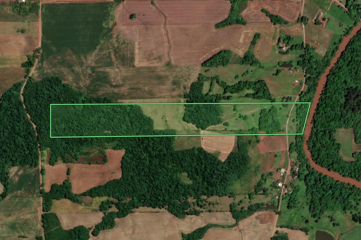 Imagem de satélite do imóvel rural em São Paulo das Missões (RS), com o contorno declarado no CAR desenhado por cima.