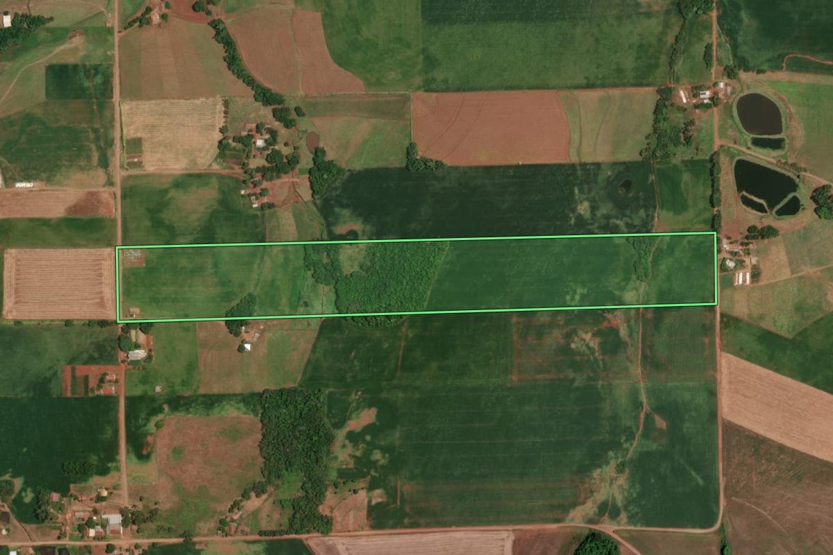 Imagem de satélite do imóvel rural em São Paulo das Missões (RS), com o contorno declarado no CAR desenhado por cima.