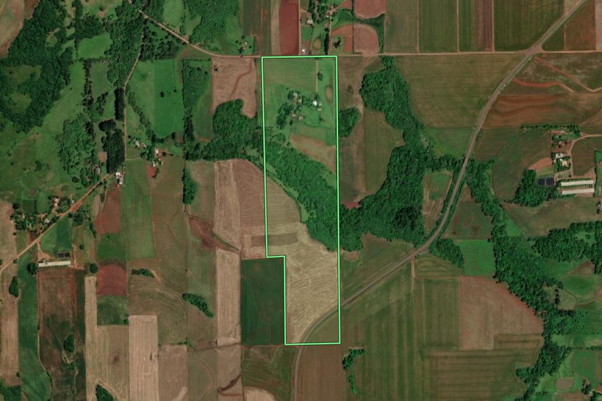 Imagem de satélite do imóvel rural em São Paulo das Missões (RS), com o contorno declarado no CAR desenhado por cima.
