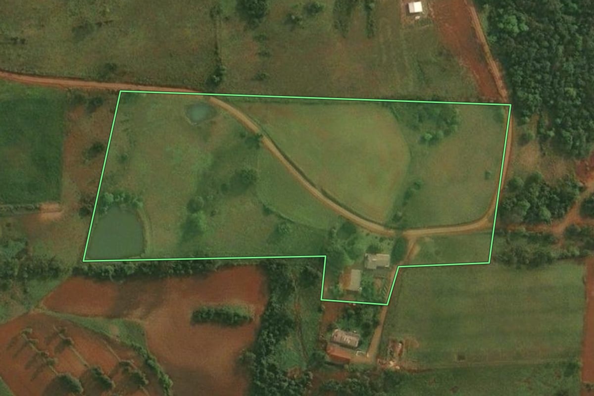 Imagem de satélite do imóvel rural em São Paulo das Missões (RS), com o contorno declarado no CAR desenhado por cima.