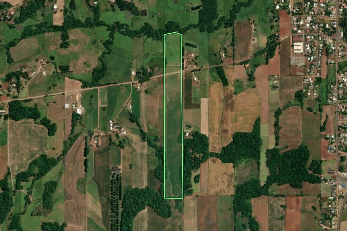 Imagem de satélite do imóvel rural em São Paulo das Missões (RS), com o contorno declarado no CAR desenhado por cima.