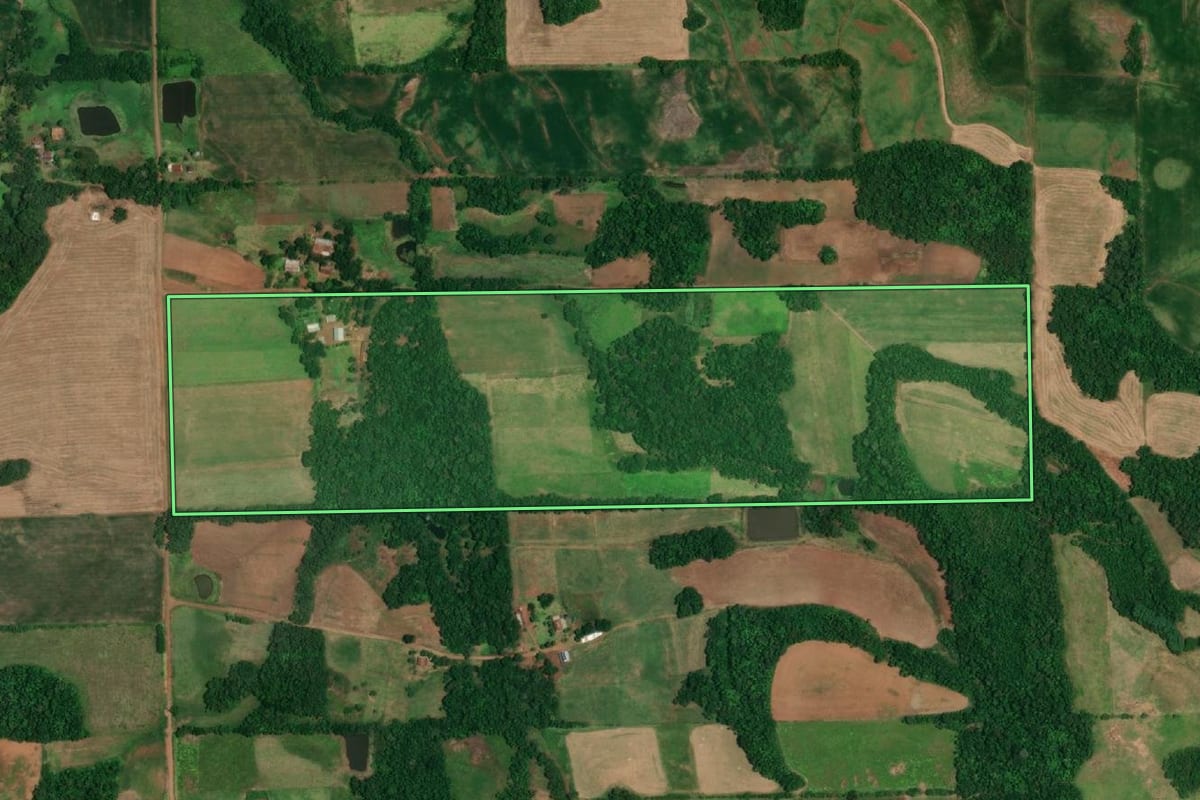 Imagem de satélite do imóvel rural em São Paulo das Missões (RS), com o contorno declarado no CAR desenhado por cima.