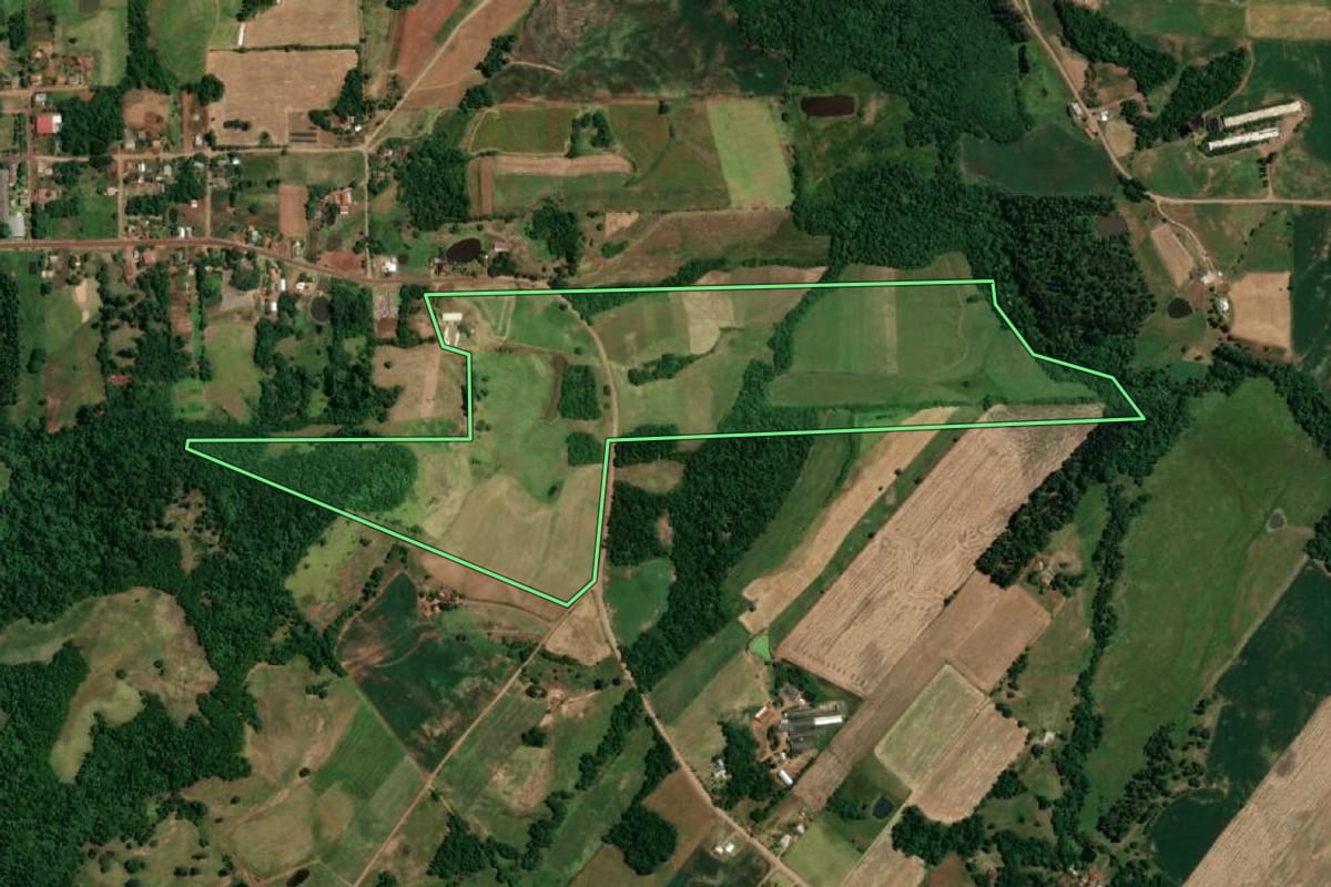 Imagem de satélite do imóvel rural em São Paulo das Missões (RS), com o contorno declarado no CAR desenhado por cima.