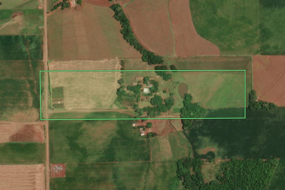 Imagem de satélite do imóvel rural em São Paulo das Missões (RS), com o contorno declarado no CAR desenhado por cima.