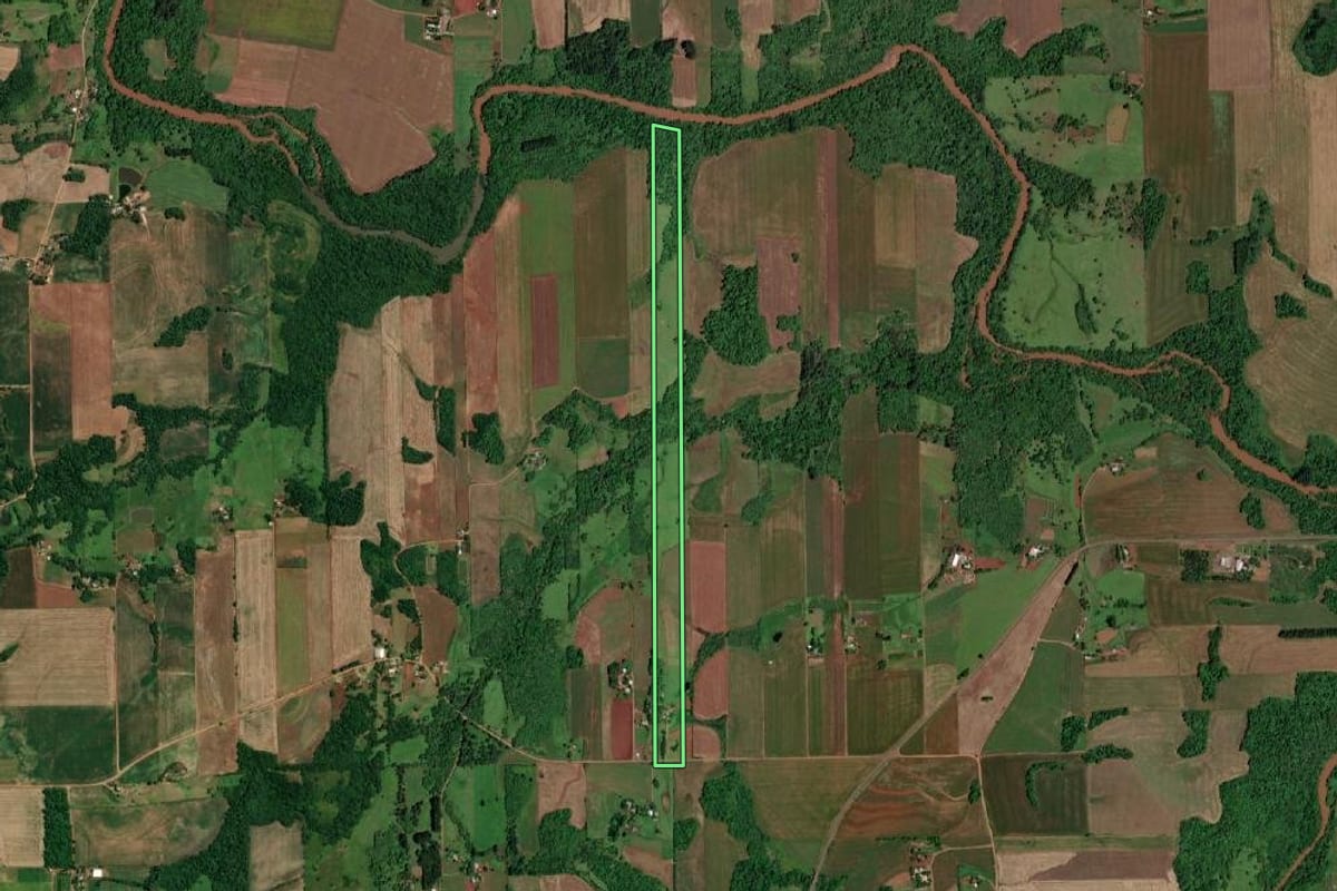Imagem de satélite do imóvel rural em São Paulo das Missões (RS), com o contorno declarado no CAR desenhado por cima.