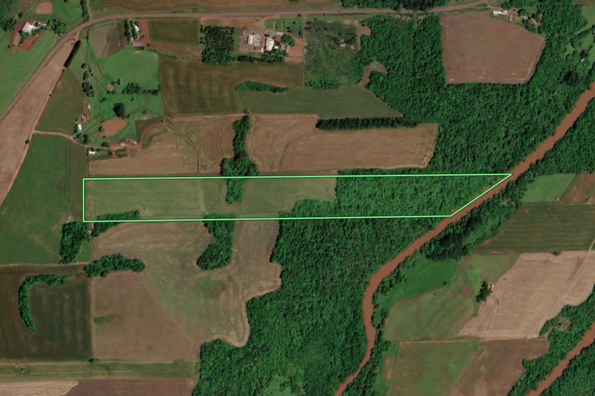 Imagem de satélite do imóvel rural em São Paulo das Missões (RS), com o contorno declarado no CAR desenhado por cima.