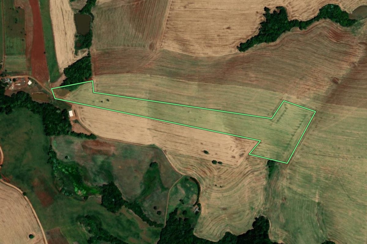 Imagem de satélite do imóvel rural em São Pedro das Missões (RS), com o contorno declarado no CAR desenhado por cima.