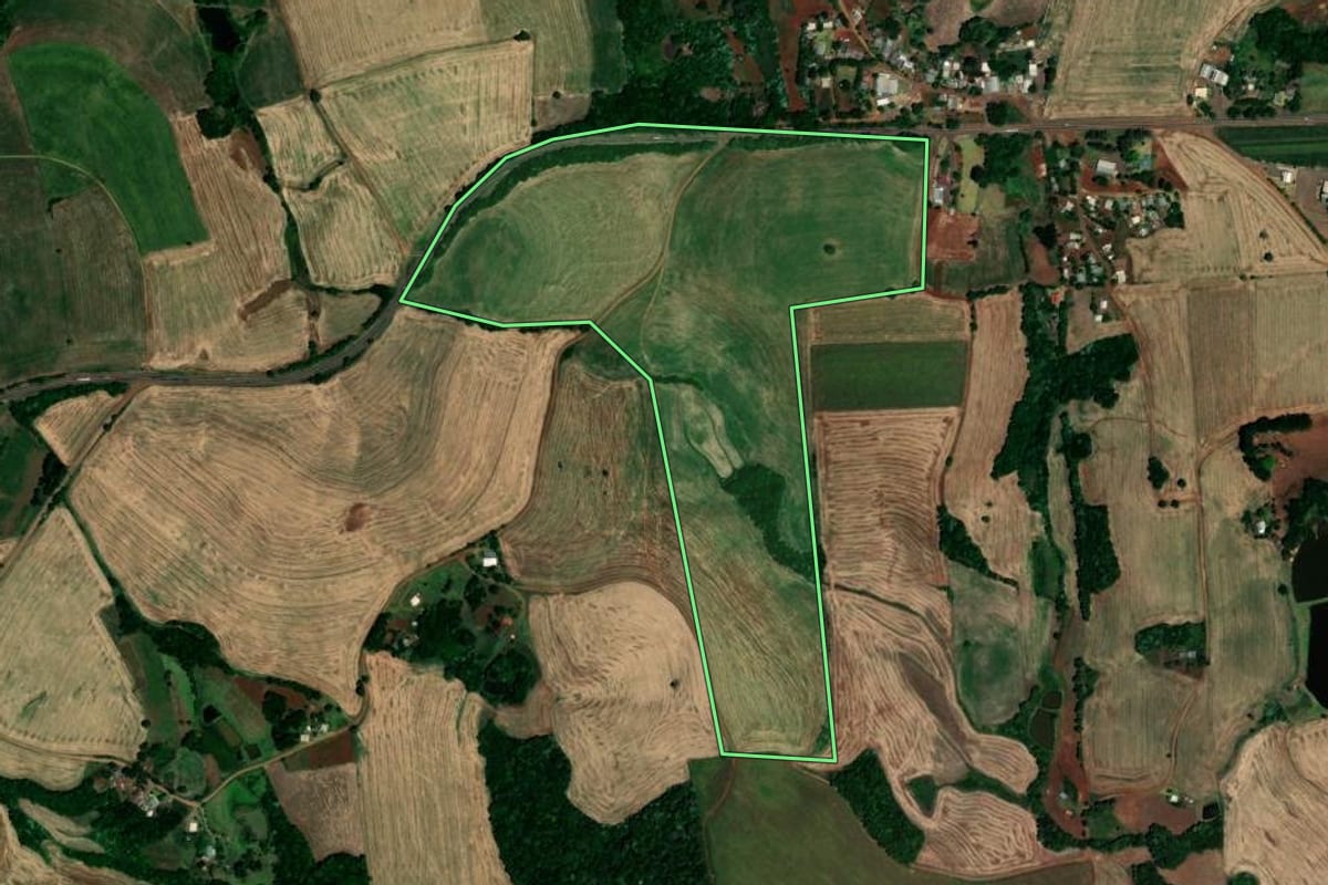 Imagem de satélite do imóvel rural em São Pedro das Missões (RS), com o contorno declarado no CAR desenhado por cima.