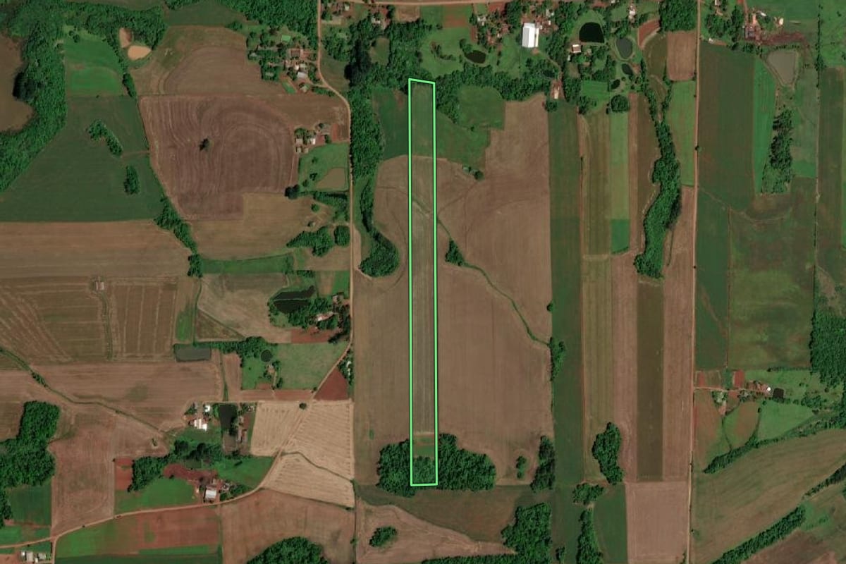 Imagem de satélite do imóvel rural em São Pedro do Butiá (RS), com o contorno declarado no CAR desenhado por cima.