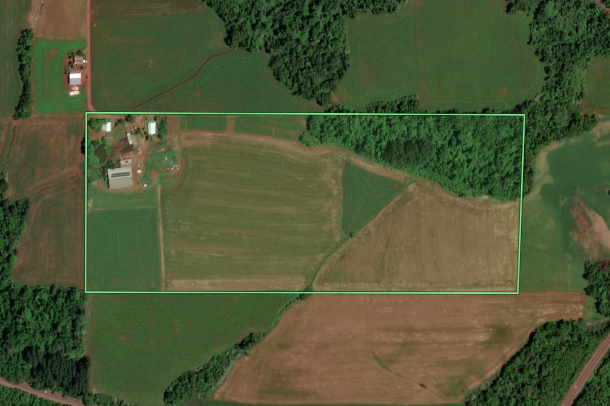 Imagem de satélite do imóvel rural em São Pedro do Butiá (RS), com o contorno declarado no CAR desenhado por cima.