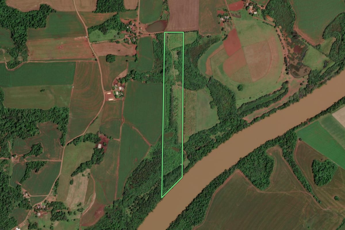 Imagem de satélite do imóvel rural em São Pedro do Butiá (RS), com o contorno declarado no CAR desenhado por cima.