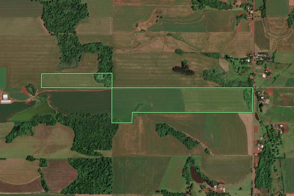 Imagem de satélite do imóvel rural em São Pedro do Butiá (RS), com o contorno declarado no CAR desenhado por cima.