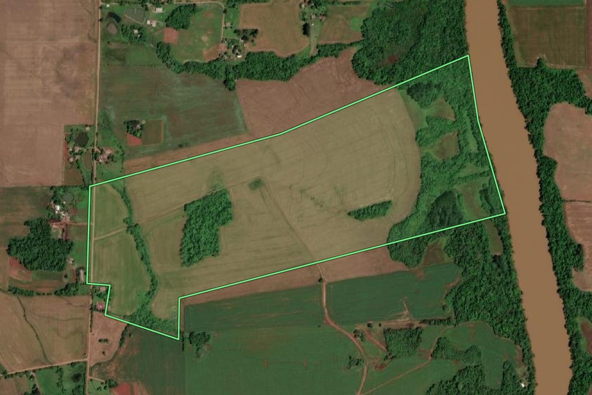Imagem de satélite do imóvel rural em São Pedro do Butiá (RS), com o contorno declarado no CAR desenhado por cima.
