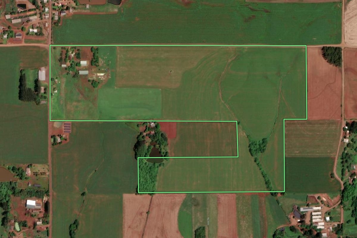 Imagem de satélite do imóvel rural em São Pedro do Butiá (RS), com o contorno declarado no CAR desenhado por cima.