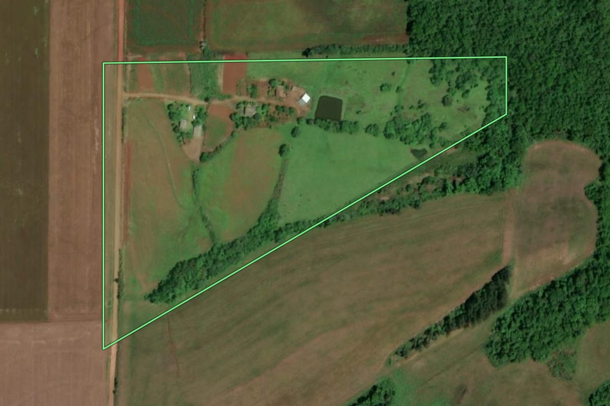 Imagem de satélite do imóvel rural em São Pedro do Butiá (RS), com o contorno declarado no CAR desenhado por cima.