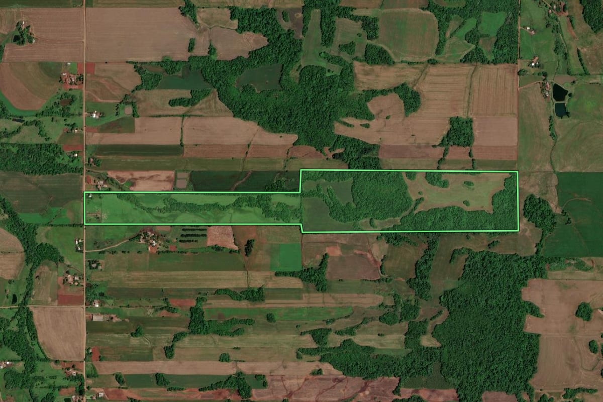 Imagem de satélite do imóvel rural em São Pedro do Butiá (RS), com o contorno declarado no CAR desenhado por cima.