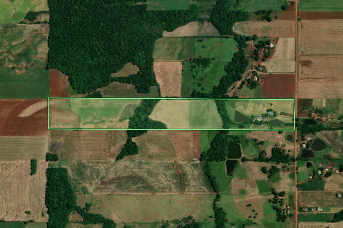Imagem de satélite do imóvel rural em São Pedro do Butiá (RS), com o contorno declarado no CAR desenhado por cima.