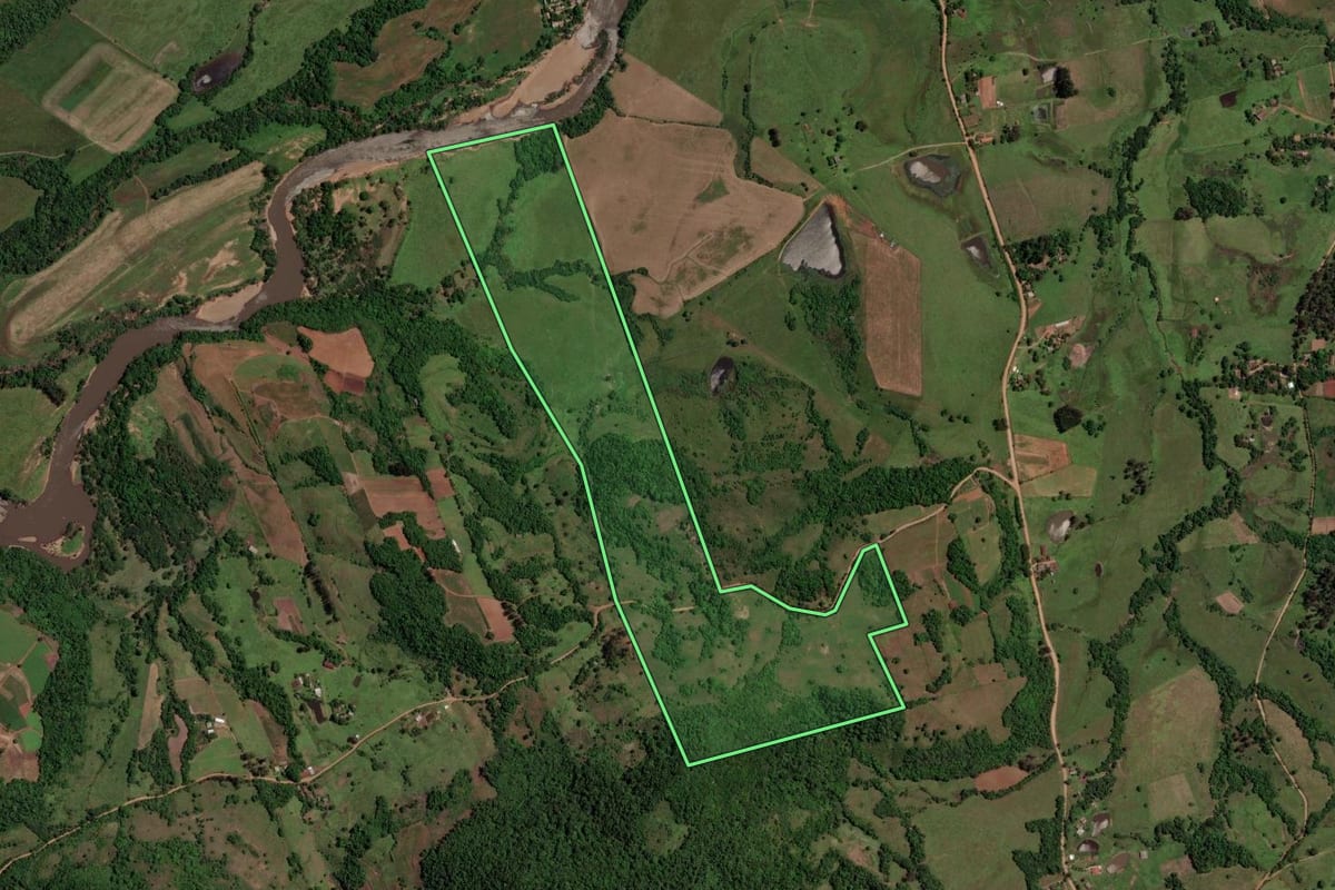 Imagem de satélite do imóvel rural em São Pedro do Sul (RS), com o contorno declarado no CAR desenhado por cima.