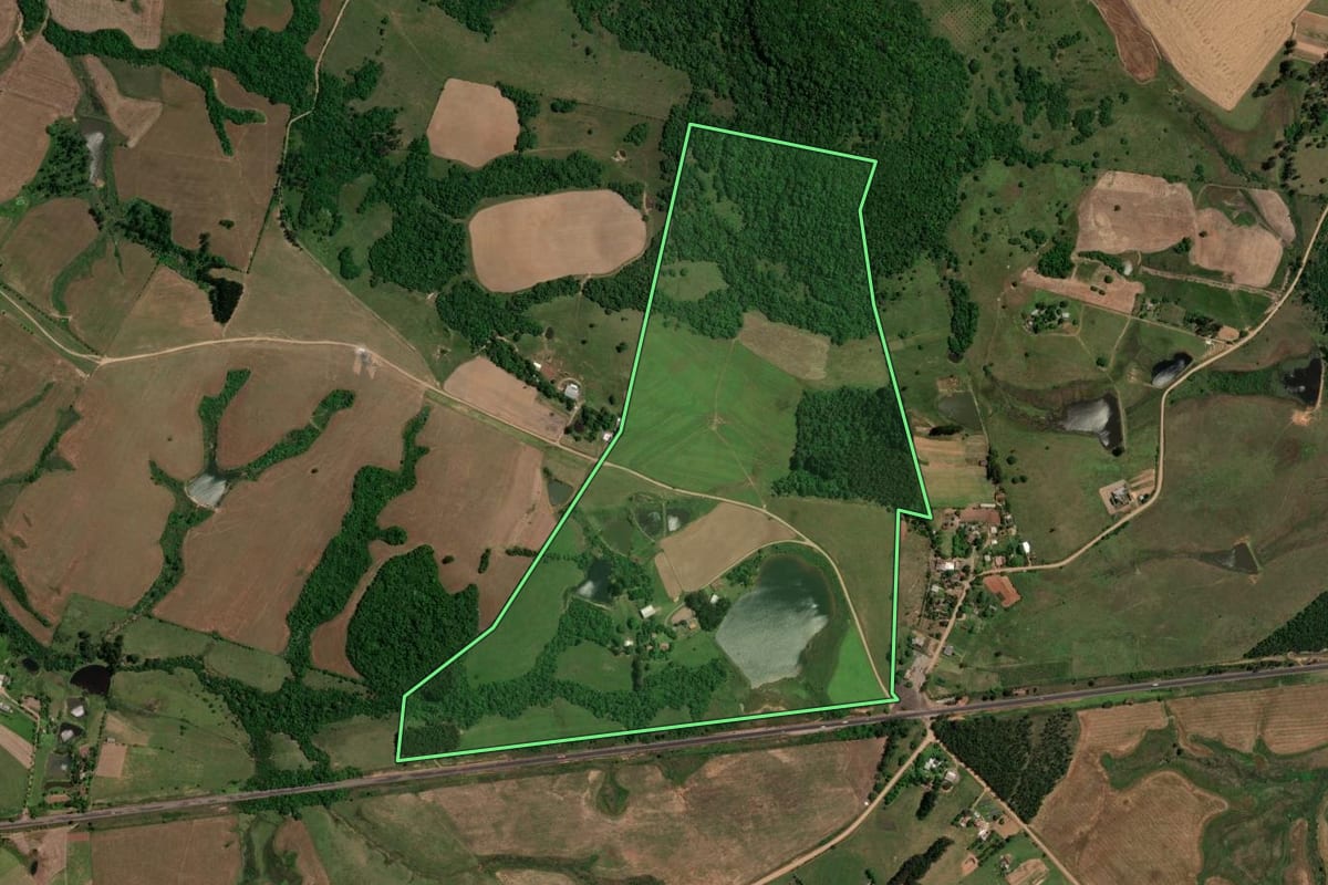 Imagem de satélite do imóvel rural em São Pedro do Sul (RS), com o contorno declarado no CAR desenhado por cima.