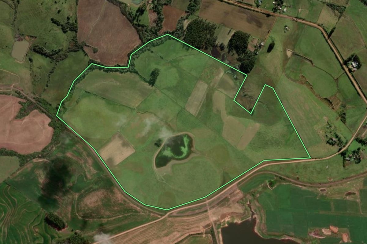 Imagem de satélite do imóvel rural em São Pedro do Sul (RS), com o contorno declarado no CAR desenhado por cima.