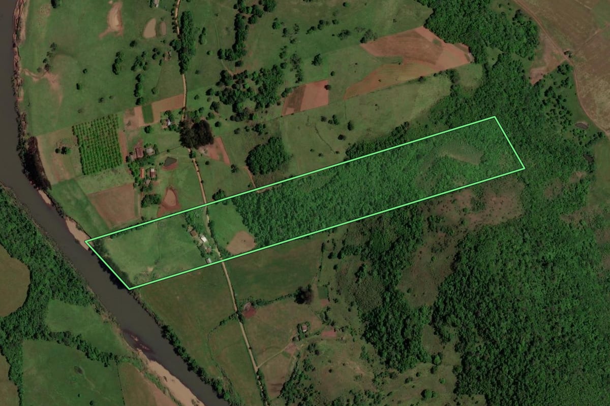 Imagem de satélite do imóvel rural em São Pedro do Sul (RS), com o contorno declarado no CAR desenhado por cima.