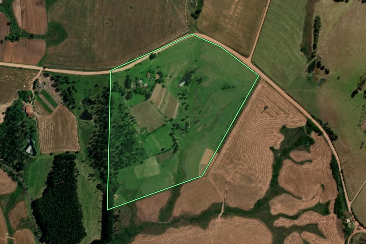 Imagem de satélite do imóvel rural em São Pedro do Sul (RS), com o contorno declarado no CAR desenhado por cima.