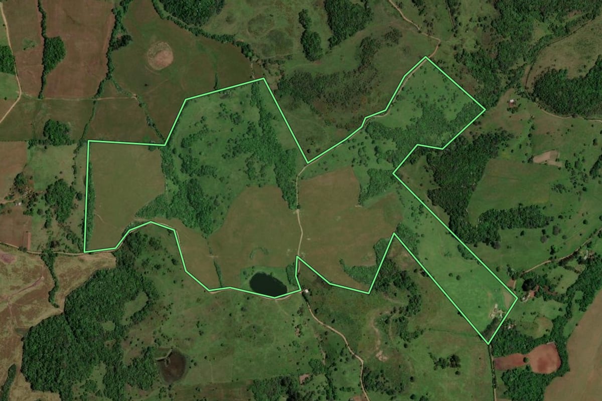 Imagem de satélite do imóvel rural em São Pedro do Sul (RS), com o contorno declarado no CAR desenhado por cima.