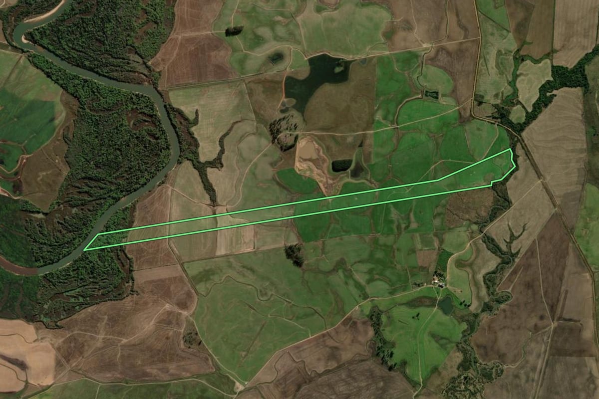 Imagem de satélite do imóvel rural em São Pedro do Sul (RS), com o contorno declarado no CAR desenhado por cima.