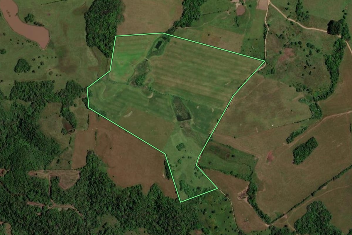 Imagem de satélite do imóvel rural em São Pedro do Sul (RS), com o contorno declarado no CAR desenhado por cima.