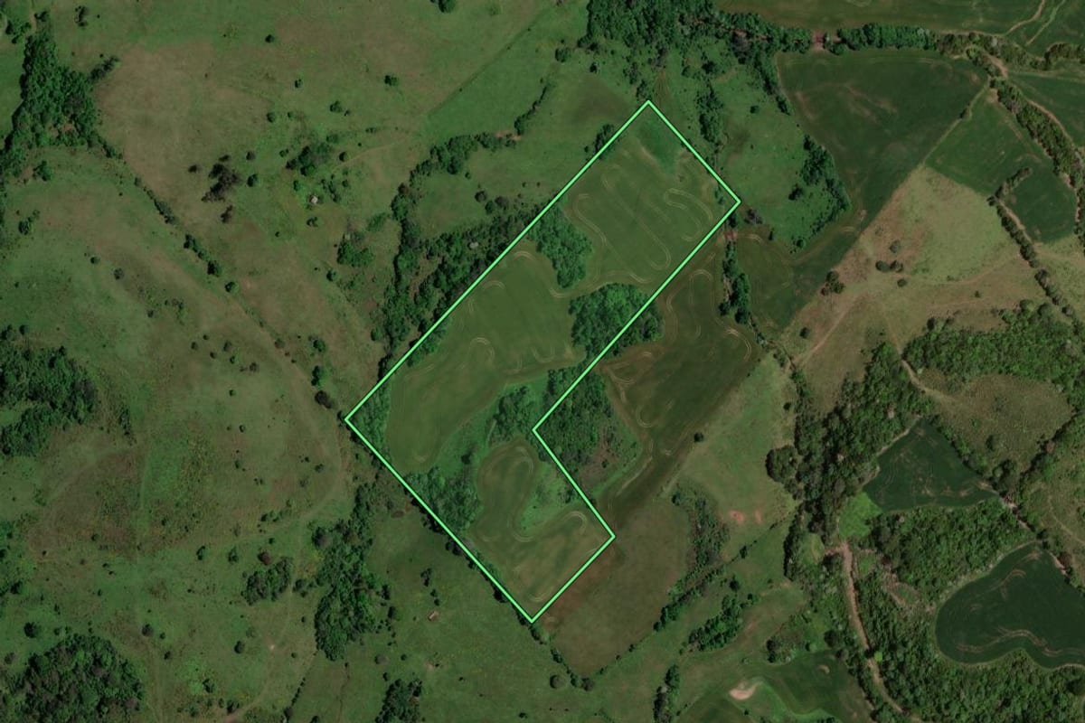 Imagem de satélite do imóvel rural em São Pedro do Sul (RS), com o contorno declarado no CAR desenhado por cima.