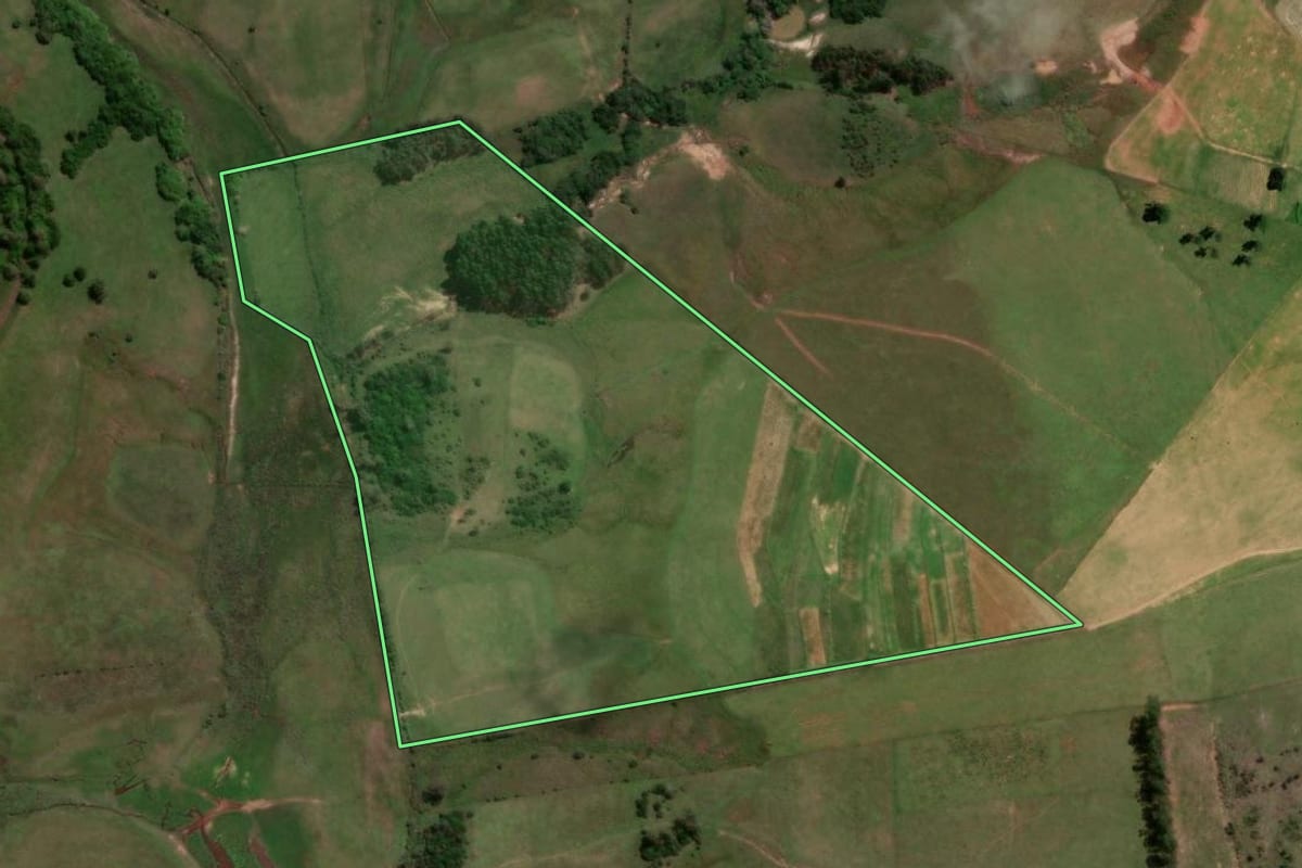 Imagem de satélite do imóvel rural em São Pedro do Sul (RS), com o contorno declarado no CAR desenhado por cima.