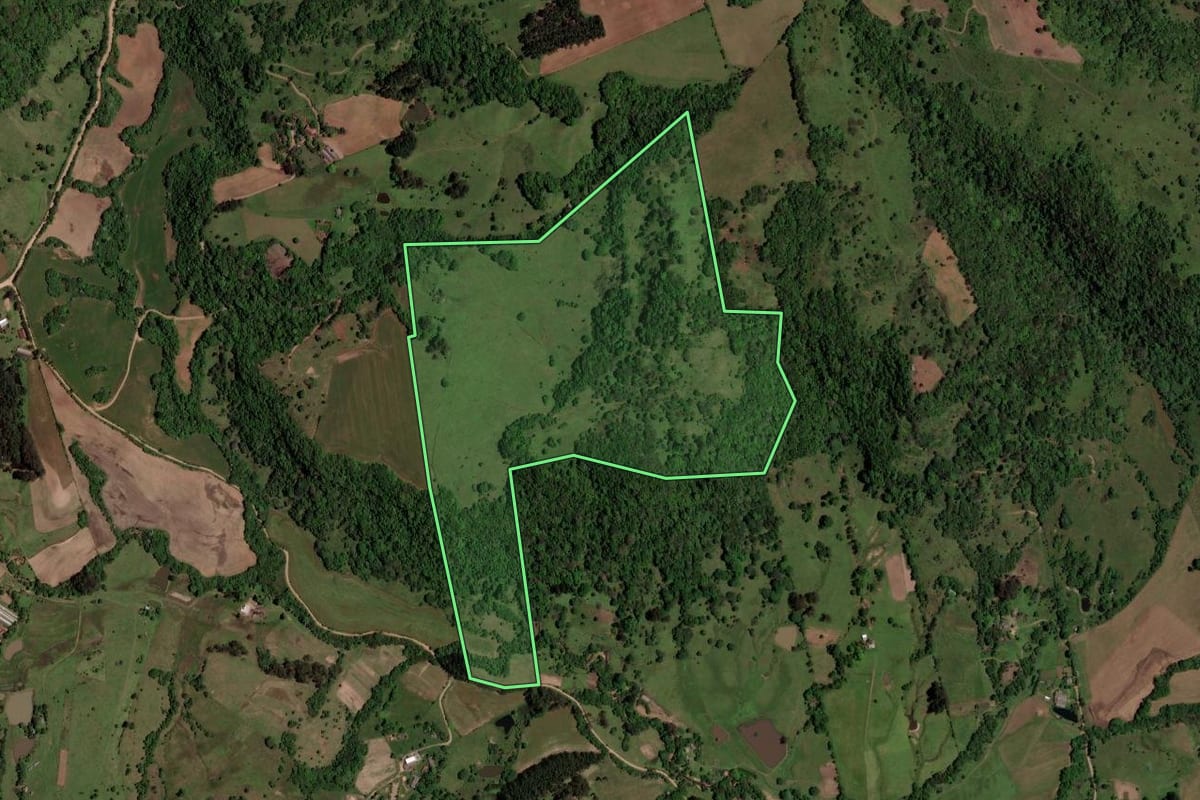 Imagem de satélite do imóvel rural em São Pedro do Sul (RS), com o contorno declarado no CAR desenhado por cima.