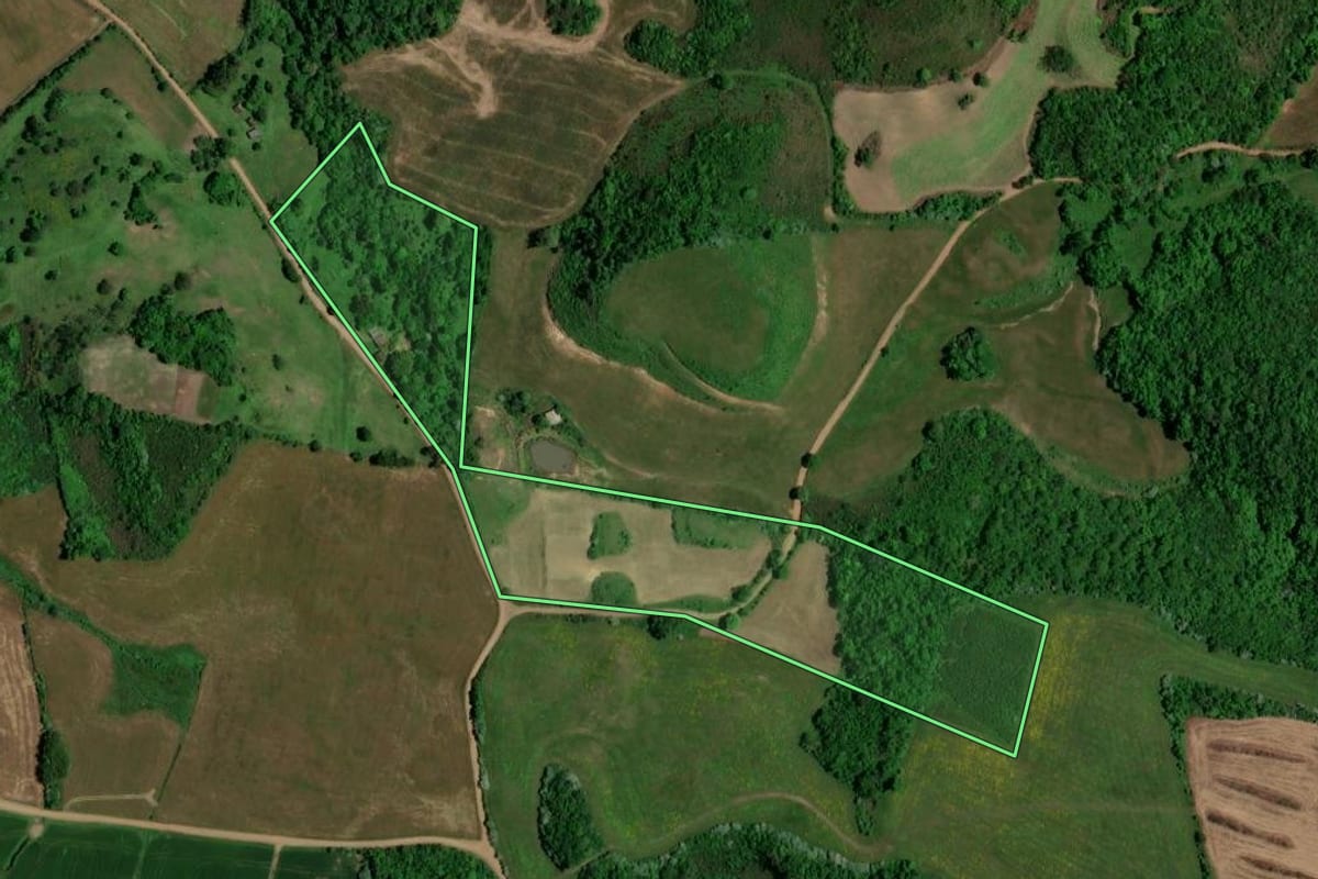 Imagem de satélite do imóvel rural em São Pedro do Sul (RS), com o contorno declarado no CAR desenhado por cima.