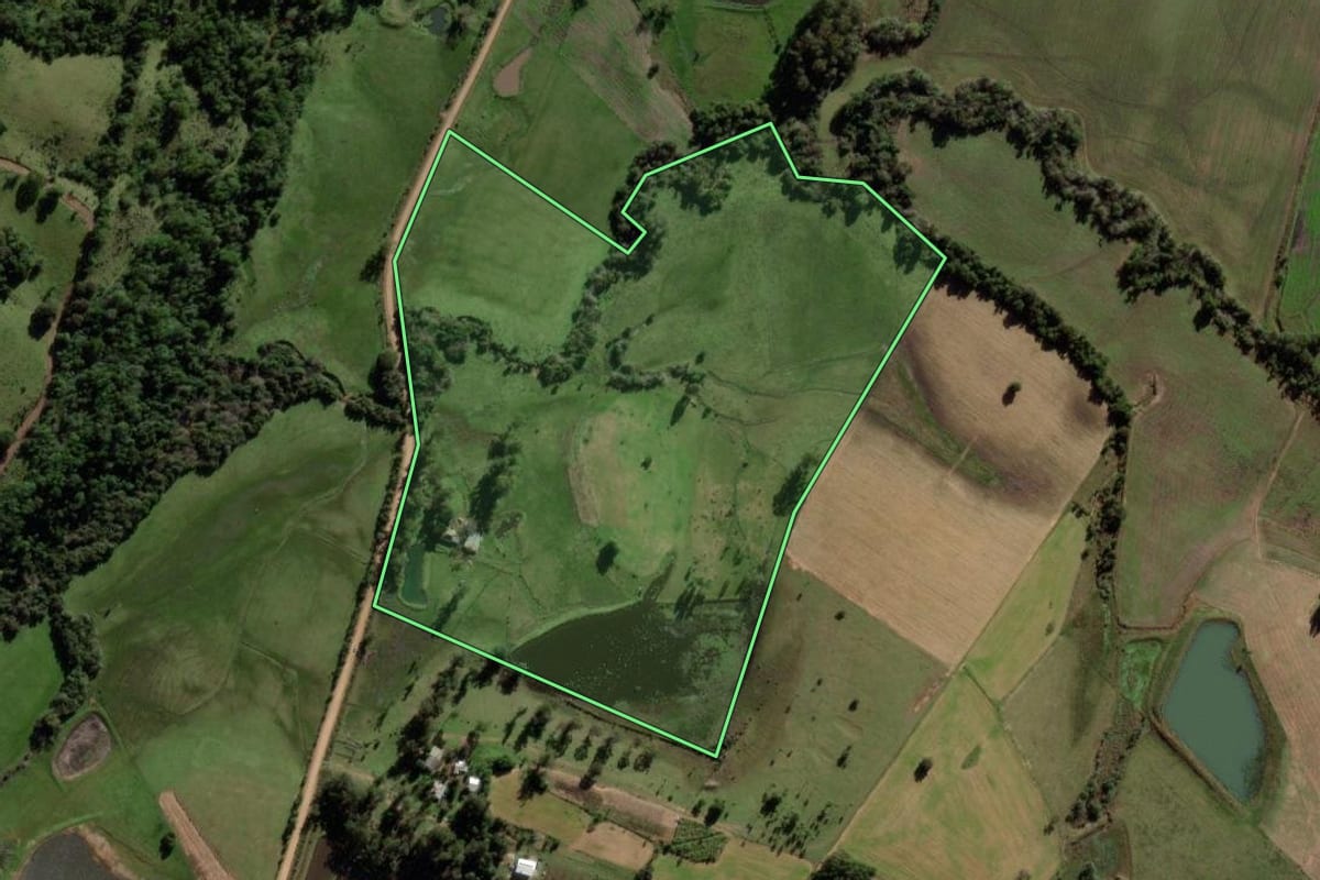 Imagem de satélite do imóvel rural em São Pedro do Sul (RS), com o contorno declarado no CAR desenhado por cima.